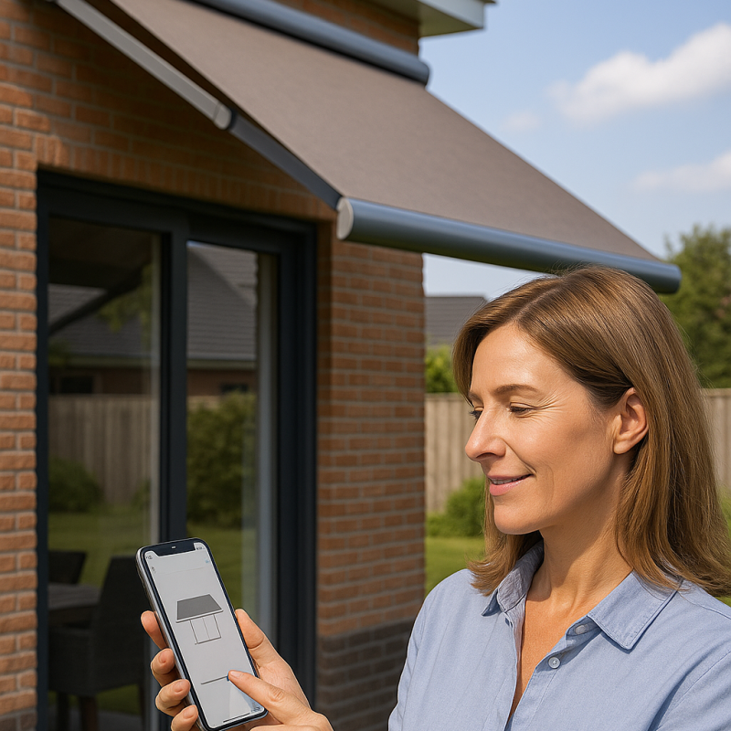 Vrouw die zonnescherm bedient Elektrische zonnescherm met app bediening