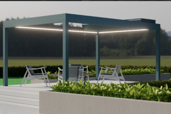 Open vouwdak laat zonlicht door op terras met tuinmeubilair