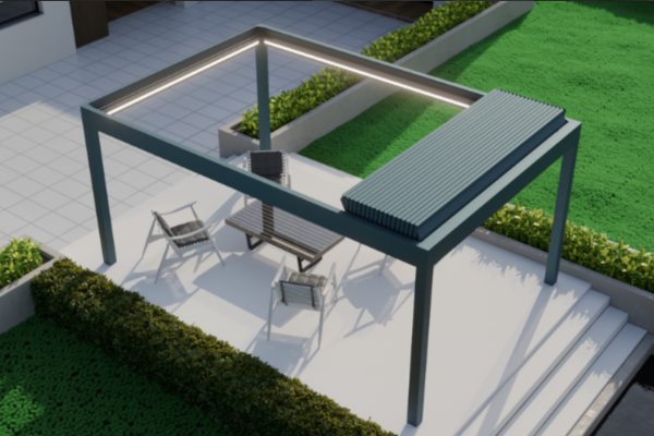 Pinela Deluxe Plus vouwdak overkapping volledig geopend op luxe terras